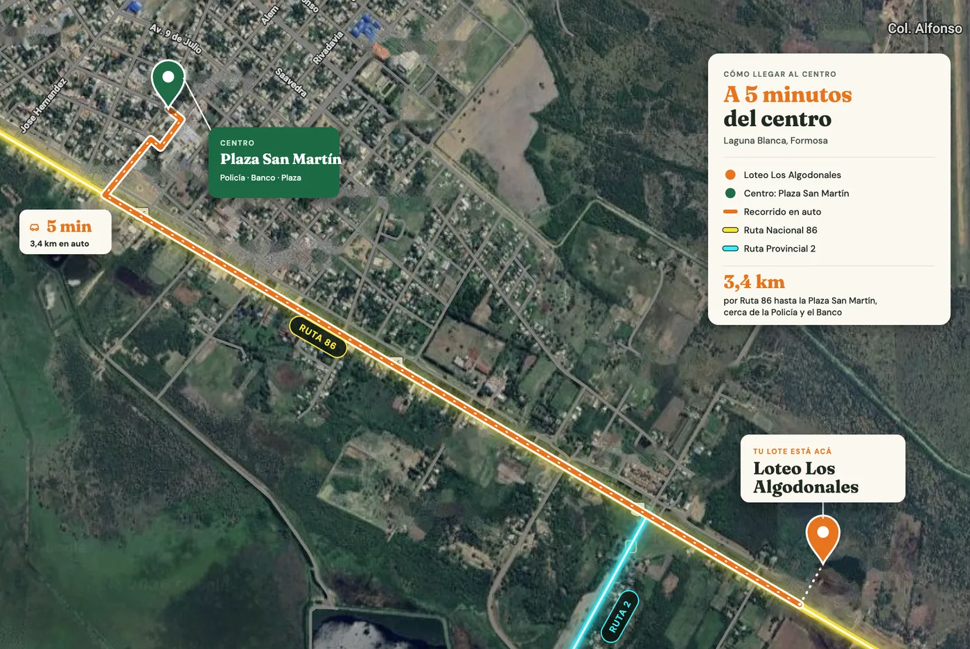 Mapa: el Loteo Los Algodonales está a 5 minutos del centro de Laguna Blanca, 3,4 km por Ruta 86
