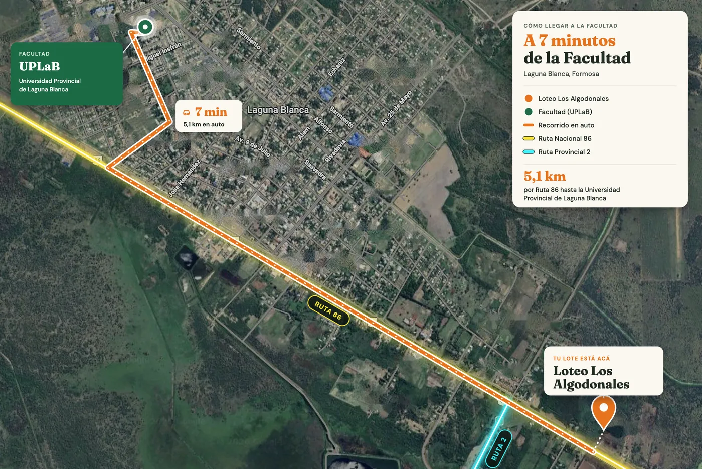 Mapa: el Loteo Los Algodonales está a 7 minutos de la Facultad (UPLaB), 5,1 km por Ruta 86
